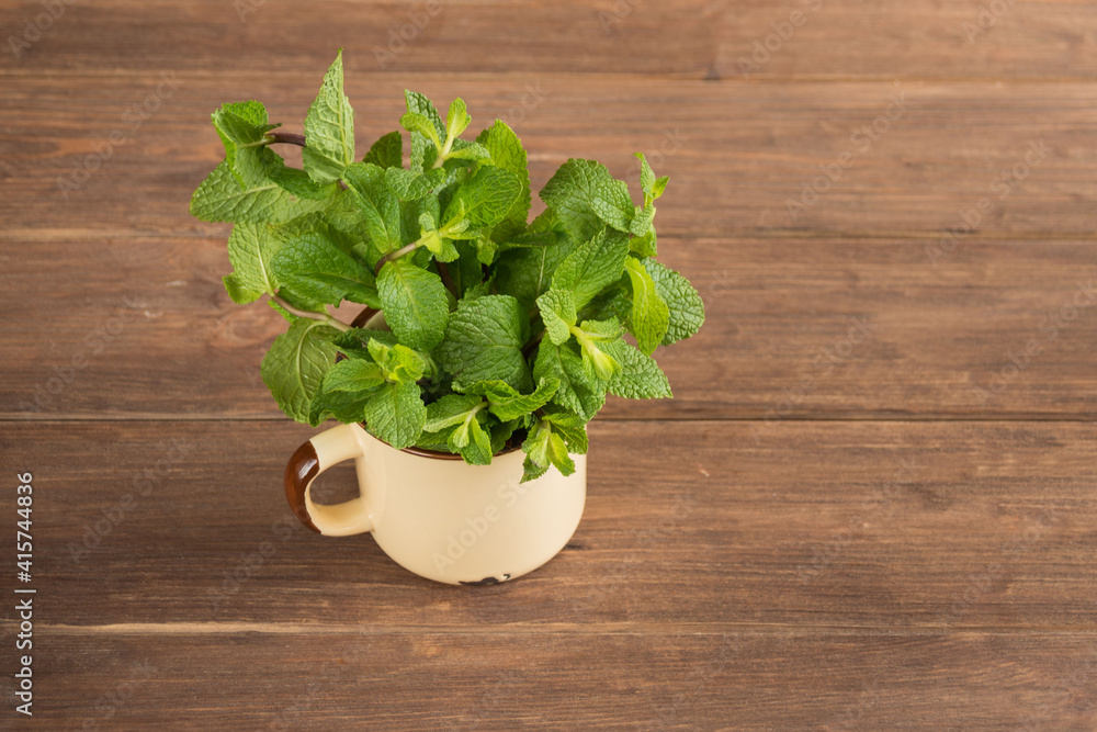 Fresh green mint leaves in a metal cup on a wooden dark background. Mentha piperita plant. Fresh green mint leaves in a metal cup on a wooden dark background. Mentha piperita plant.