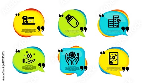 Employee hand, Freezing and Usb stick icons simple set. Speech bubble with quotes. Loan house, Online help and Hdd signs. Work gear, Air conditioner, Memory flash. Vector
