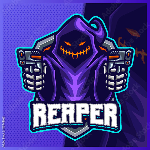 Shooter Grim Reaper Hood mascot esport logo design illustrations vector template, Devil Shooter logo for team game streamer youtuber banner twitch discord
