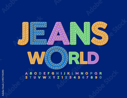 Vector colorful emblem Jeans World. Trendy Denim Font. Bright Alphabet Letters and Numbers set