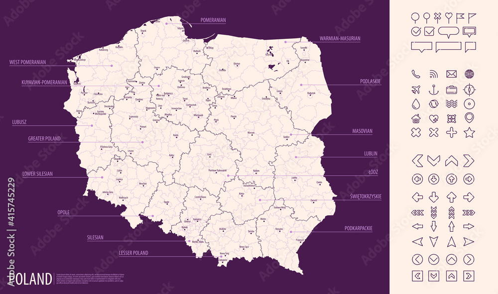 Obraz premium Detailed map of Poland with administrative divisions on dark background, country big cities and icons set, vector illustration