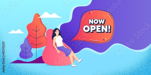 Now open. Woman relaxing in bean bag. Promotion new business sign. Welcome advertising symbol. Freelance employee sitting in beanbag. Now open chat bubble. Vector