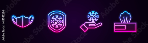 Set line Medical protective mask, Shield protecting from virus, Hand with and Wet wipe pack. Glowing neon icon. Vector.