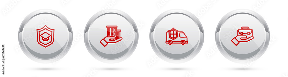 Set line Graduation cap with shield, House insurance, Car and Hand holding briefcase. Silver circle button. Vector. Set line Graduation cap with shield, House insurance, Car and Hand holding briefcase. Silver circle button. Vector.