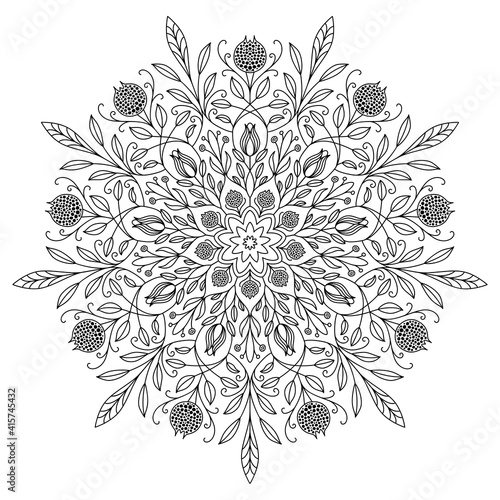 Vector mandala drawing with black lines on a white background.