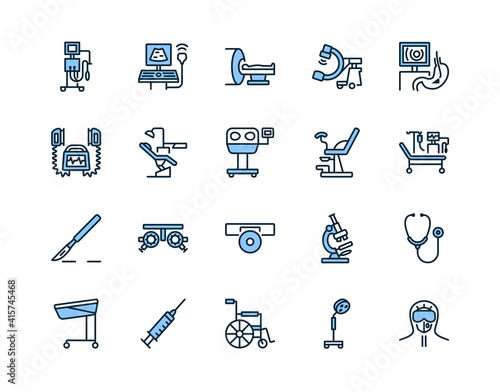 Medical examination equipment flat line icon set blue color. Vector illustration diagnostic tools. Symbols for a complete survey of patients. Editable strokes.