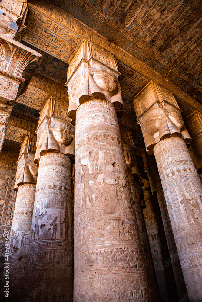 Dendera Temple complex in Egypt. Hieroglypic carvings on wall at the ancient egyptian temple.