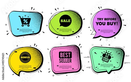 Try before you buy. Speech bubble with dotwork vector. Special offer price sign. Advertising discounts symbol. Quote speech bubble. Best seller, shop cart icons. Vector