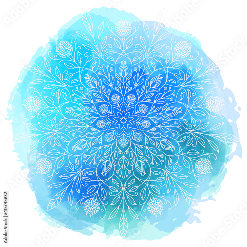 Beautiful mandala over colorful watercolor. Round pattern.