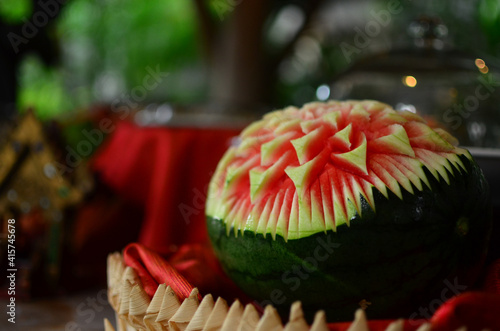 Wallpaper Mural Watermelon carving close up shot in Thai restaurant by asian art chef Torontodigital.ca