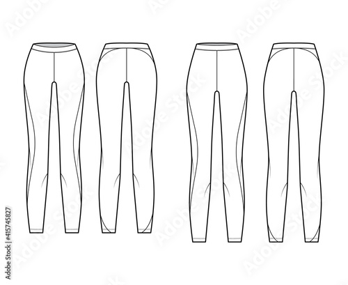Set of Yoga pants Leggings pants technical fashion illustration with normal low waist, high rise, full length. Flat sport knit, apparel template front, back, white color. Women men unisex CAD mockup