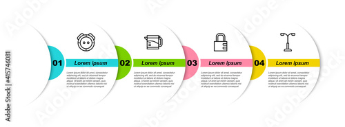 Set line Robot vacuum cleaner, Electric kettle, Safe combination lock and Street light. Business infographic template. Vector.