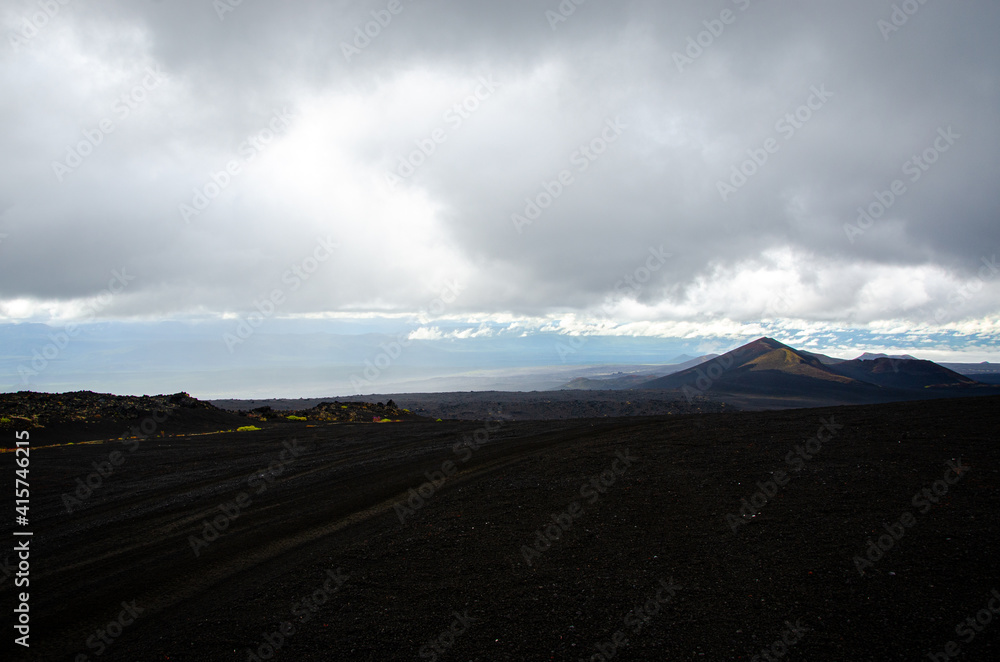 Volcano in the Ash Desert. Russia, Kamchatka 2020. Photo taken during an expedition to the volcano.