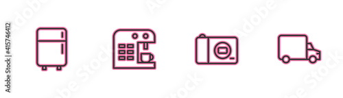 Set line Refrigerator, Photo camera, Coffee machine and Delivery cargo truck icon. Vector.