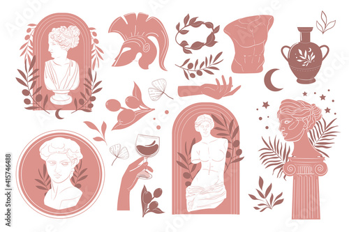 Aphrodite Venus Portrait. Antique greek sculpture set. Various Antique statues, branch, amphora, column. Hand drawn Vector illustrations isolated. Modern style
