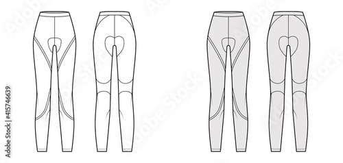 Cycling pants Leggings pants technical fashion illustration with normal waist, high rise, full length. Flat sport, casual trousers template front, back, white grey color. Women men unisex CAD mockup