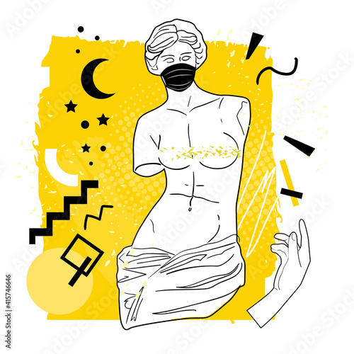 Ancient Greek goddess statue in a continuous line in a protective medical mask. Concept Covid 19. Quarantined Museum. Vector illustration. Modern drawing. A woman without hands