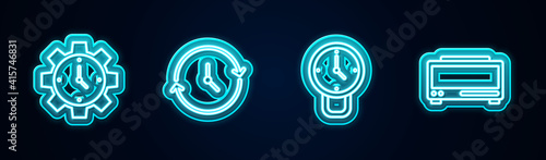 Set line Time Management, Clock, and Digital alarm clock. Glowing neon icon. Vector.