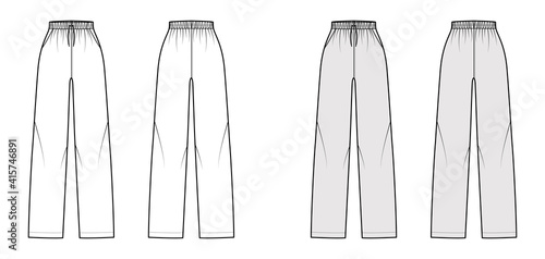 Pajama pants technical fashion illustration with elastic normal waist, high rise, full length, drawstrings, pockets. Flat apparel template front, back, white grey color. Women men unisex CAD mockup