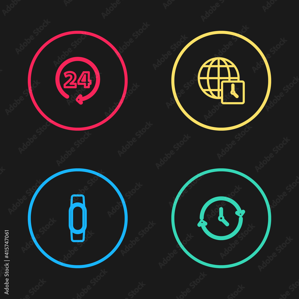 Set line Smartwatch, Clock, World time and 24 hours icon. Vector.