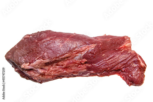 Steak flanchet (flan steak) of raw marbled beef lies on a white background. Isolated photo