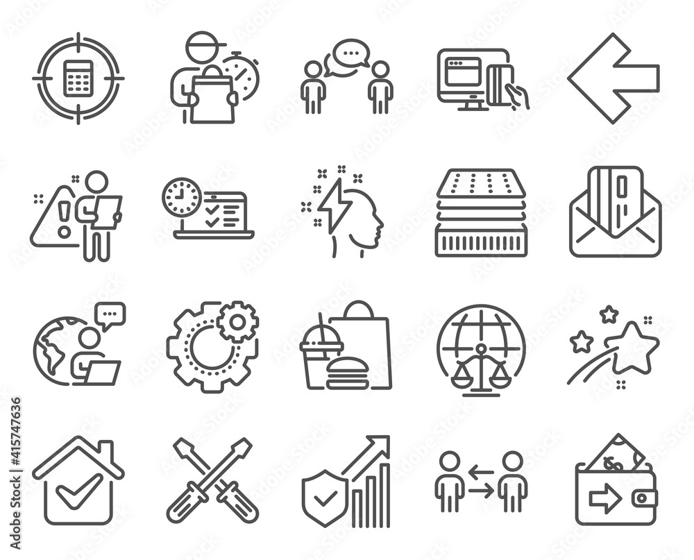 Business icons set. Included icon as Magistrates court, Consulting business, Wallet signs. Brainstorming, Teamwork business, Credit card symbols. Online test, Deluxe mattress, Screwdriverl. Vector