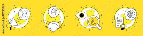 Disabled, Face detection and Eye drops line icons set. Megaphone, licence and deal vector icons. Coronavirus sign. Handicapped wheelchair, Detect person, Pipette. Confirmed infection. Vector
