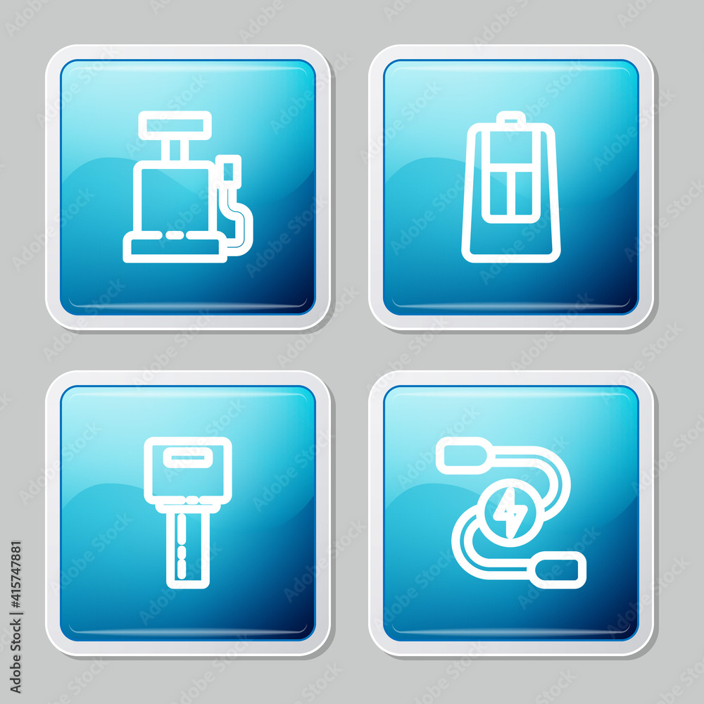 Set line Car air pump, key with remote, and battery jumper power cable icon. Vector. Set line Car air pump, key with remote, and battery jumper power cable icon. Vector.