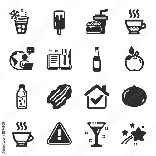 Set of Food and drink icons, such as Water bottle, Ice cream, Recipe book symbols. Pecan nut, Eco food, Ice maker signs. Cocktail, Espresso, Hamburger. Beer, Doppio, Macadamia nut. Vector