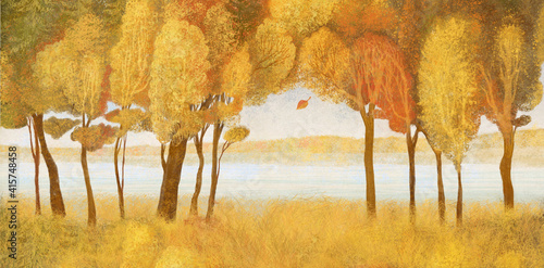 And autumn landscape with a river and trees. Digital painting.