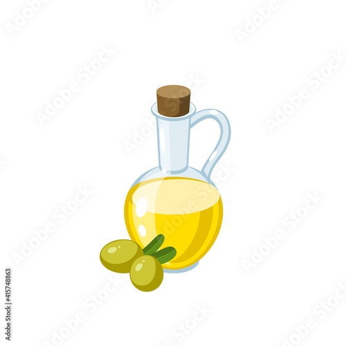 Glass bottle of oil and green olives. Vector illustration cartoon flat icon isolated on white background.