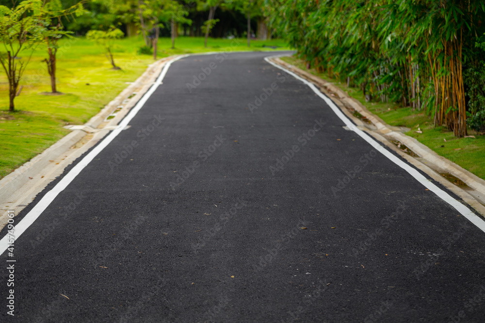Black asphalt road in garden, selective focus. Background image of new asphalt road with a drain on the sides. Under the morning sun.