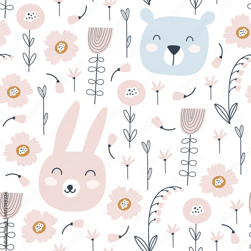Seamless pattern with cute rabbit, bear and flowers. Animals pattern. Childish print. Vector Seamless pattern with cute rabbit, bear and flowers. Animals pattern. Childish print. Vector