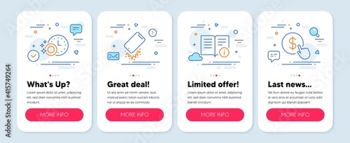 Set of Technology icons, such as Dishwasher timer, Technical info, Smartphone broken symbols. Mobile screen mockup banners. Buy currency line icons. Cleaning dishes, Documentation, Phone crash. Vector