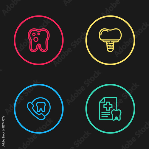 Set line Online dental care, Dental card, implant and Tooth with caries icon. Vector.