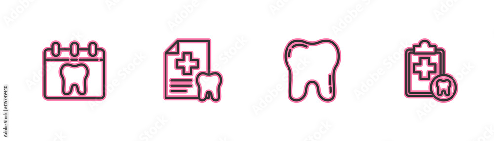Set line Calendar with tooth, Tooth, Dental card and icon. Vector. Set line Calendar with tooth, Tooth, Dental card and icon. Vector.