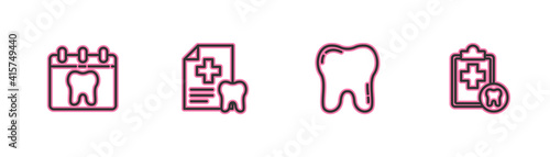 Set line Calendar with tooth, Tooth, Dental card and icon. Vector.