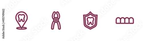 Set line Dental clinic location, protection, pliers and Dentures model icon. Vector.