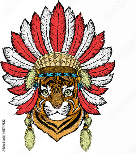Baby tiger  small little tiger for children. Animal wearing indian headdress. Tribal illustration