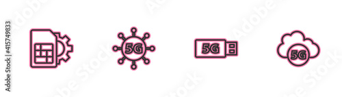 Set line Sim card setting, 5G modem, network and Cloud icon. Vector.
