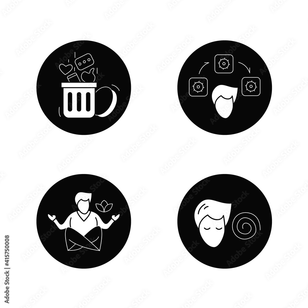 Focus mind flat icons set. Filled flat signs collection for attention control, mindfulness meditation, decision making and information detox. Isolated vector illustrations Focus mind flat icons set. Filled flat signs collection for attention control, mindfulness meditation, decision making and information detox. Isolated vector illustrations