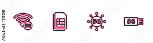 Set line 5G network, , Sim card and modem icon. Vector.