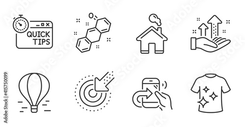 Home, Analysis graph and Targeting line icons set. Air balloon, Share call and Clean t-shirt signs. Chemical formula, Quick tips symbols. House building, Targeting chart, Click. Business set. Vector