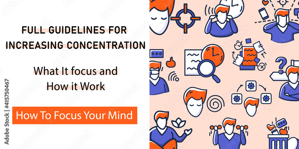 Focus mind web banner. Template for landing, web page, layout. Attention control website interface idea with icons .Goal setting, mindfulness exercise, decision making and information detox