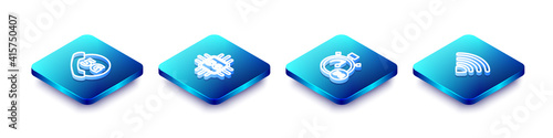 Set Isometric line Phone with 5G network, Processor, Digital speed meter and Wi-Fi wireless icon. Vector.