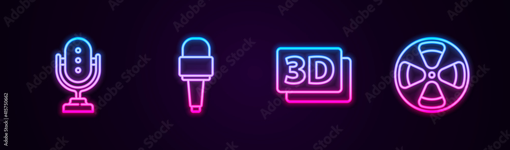 Set line Microphone, , 3D word and Film reel. Glowing neon icon. Vector. Set line Microphone, , 3D word and Film reel. Glowing neon icon. Vector.