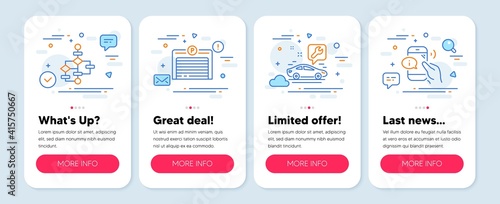 Set of Technology icons, such as Parking garage, Block diagram, Car service symbols. Mobile screen mockup banners. Call center line icons. Automatic door, Algorithm path, Repair service. Vector