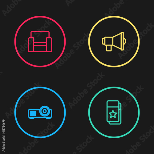 Set line Media projector, Cinema ticket, Megaphone and chair icon. Vector.