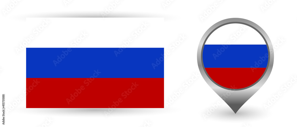 Vector flag Russia. Location point with flag Russia inside. Color symbol isolated on white background. Vector flag Russia. Location point with flag Russia inside. Color symbol isolated on white background.