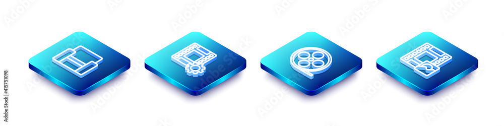 Set Isometric line Cinema chair, Play Video, Film reel and icon. Vector. Set Isometric line Cinema chair, Play Video, Film reel and icon. Vector.